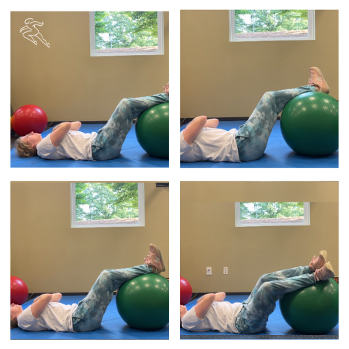 Woman laying down with arms crossed, legs on an exercise ball, moving it side to side with her legs