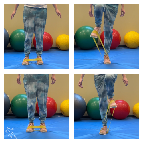 Standing legs with resistance band arund the top and bottom of shoe, while demonstrating marching 