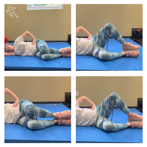 Womans legs, laying down on the floor, demonstrating form for a resisted sidelying clamshell exercise.