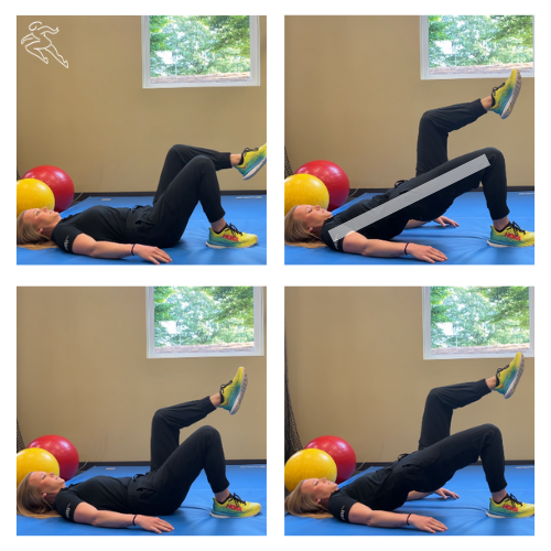 Woman laying down completing the Single Leg Bridge Exercise